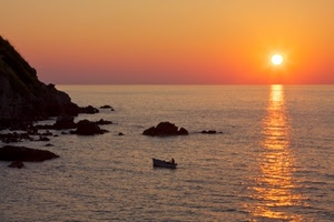 mare, tramonto, sole, barca, scogli, alba, orizzonte, riflesso