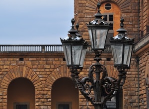 lampione, archi, mattoni, lampade, lampioni, ferro, tre, ringhiera, palazzo, vetro, portico