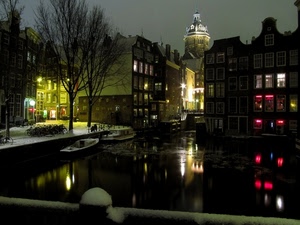 barche, notte, acqua, canale, neve, riflessi, luci, notturno, cupola, alberi, barca, finestre, riflesso