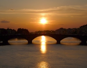 fiume, ponte, tramonto, sole, riflesso, acqua, controluce