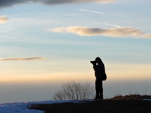 fotografo, neve, cielo, nuvole, alberi, controluce, tramonto