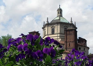 viola, fiori, chiesa, cupola, foglie, finestre, nuvole, verde, cielo, torre