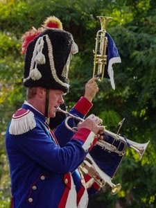 tromba, divisa, cappello, banda, musica, blu, trombe, musicista, uniforme, strumenti