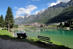 lago, panchine, montagne, montagna, alberi, acqua, panchina, cielo, riflessi