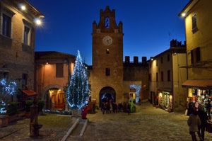 albero, torre, natale, orologio, luci, piazza