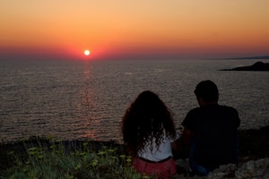 mare, tramonto, sole, due, acqua, coppia, arancio