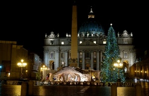 natale, presepe, basilica, piazza, obelisco, albero, lampioni, roma, cupola, chiesa, notturno