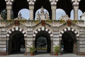 archi, statue, fiori, colonne, vasi, cimitero, ingresso, tre, piante