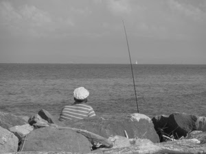 mare, pescatore, bianconero, scogli, canna, pescare, cappello, pesca