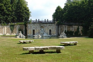 fontana, panchine, prato, pietra, giardino, statue, alberi, verde