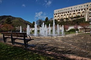 panchina, fontana, acqua, palazzo, piazza, getti, zampilli, alberi