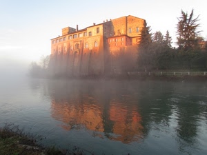 alberi, fiume, riflesso, nebbia, acqua, castello, finestre, cielo, edificio, canale, riflessi, foschia
