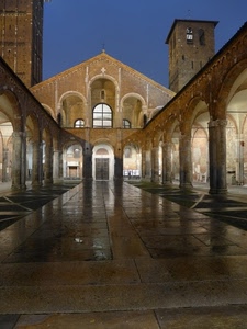 chiesa, archi, campanile, portici, campanili, portico, luce, pavimento, blu, colonne, torre