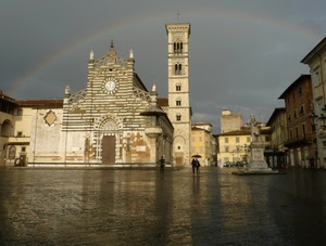 chiesa, arcobaleno, piazza, pioggia, campanile, monumento, statua