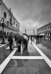 venezia, ombrelli, pioggia, piazza, persone, nuvole, bianconero