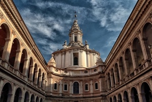 archi, nuvole, cielo, chiesa, finestre, cupola, cortile, prospettiva, croce, campanile, colonne, palazzo, barocco, chiostro