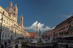 fontana, piazza, nuvole, obelisco, palazzi, cielo, statue, chiesa, acqua, statua, cupola, bianco, roma, finestre, campanili, campanile, scorcio