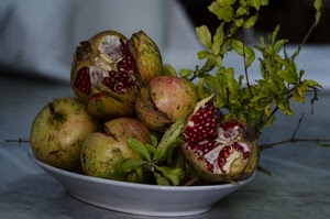 foglie, frutta, piatto, melograno, rosso, chicchi, melograni, cibo, frutti