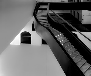 bianco, nero, scala, gradini, scale, porta, geometria, corrimano, architettura