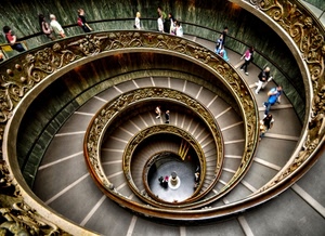 scala, chiocciola, persone, spirale, gradini, ringhiera, decorazioni, balaustra, prospettiva, scalini, oro, corrimano, scalinata